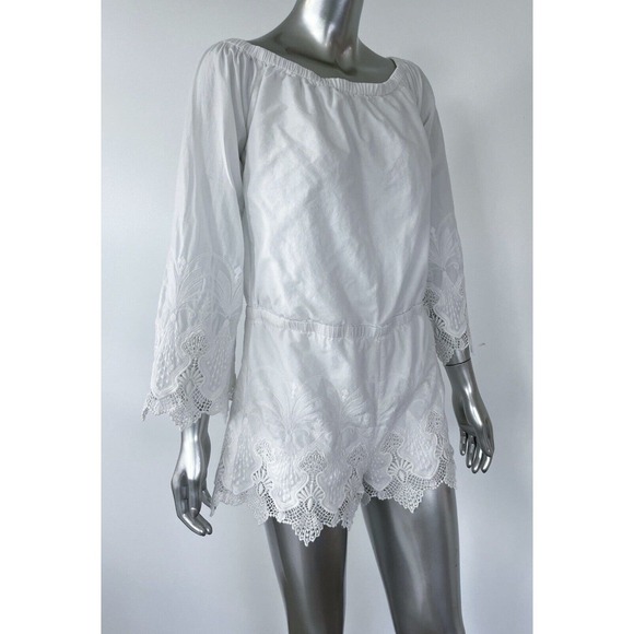 TJD Romper White Crochet Off Shoulder Jumpsuit - Picture 4 of 9